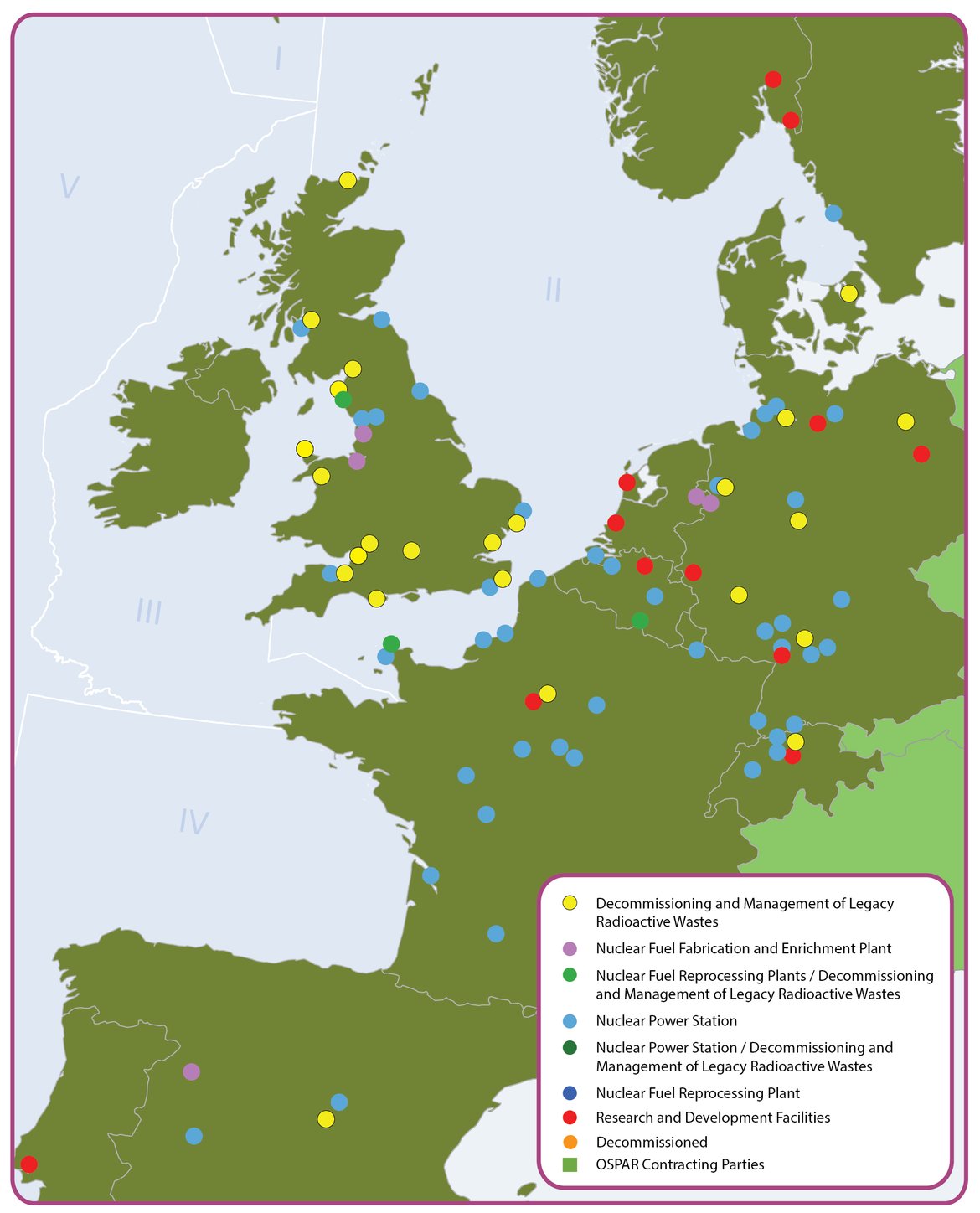 Figure 2.1: Nuclear sites for which discharges have been reported by Contracting Parties to OSPAR in the period 1995 to 2018. The status of the above sites may have changed from operational to decommissioning during the reporting period. The nuclear sites for which discharges are reported to OSPAR are given in OSPAR Agreement 2013-10 (2021 update).