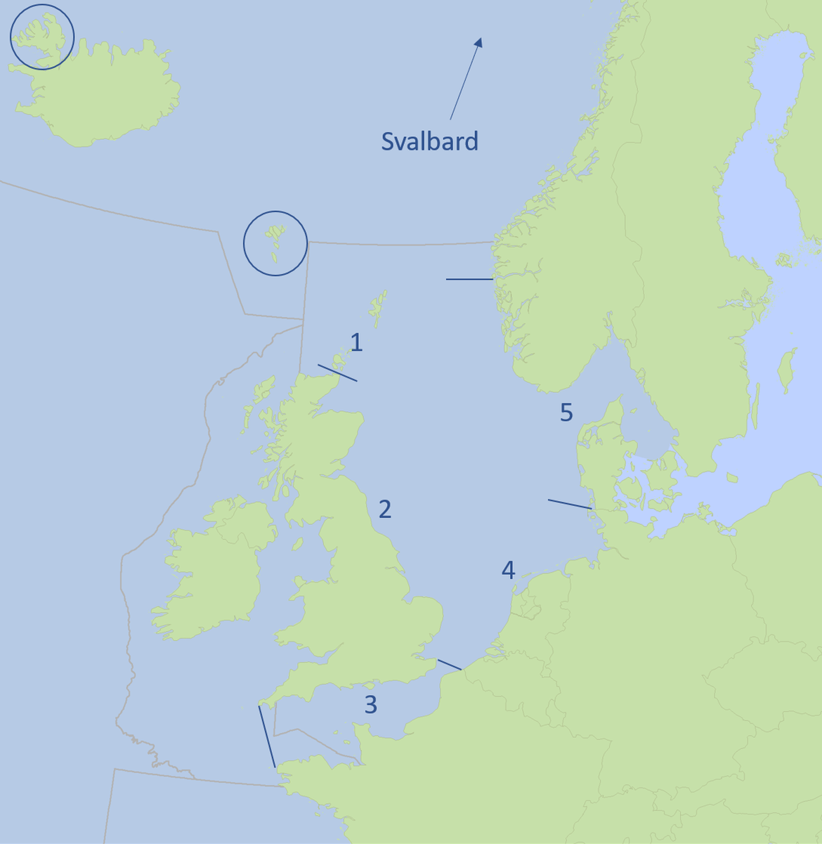 Figure b. The five fulmar EcoQO sub-regions within the Greater North Sea (OSPAR Region II) and additional locations named in text.