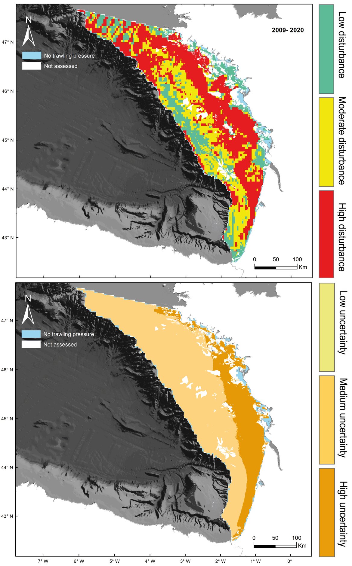 Figure af: Gulf of Biscay. Top: Final assessment status for the period from 2009 to 2020. Bottom: Uncertainty associated with the assessment of habitat status