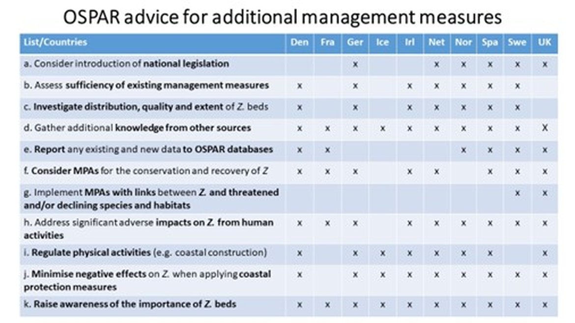 Table 1: Summarised OSPAR implementation reporting in 2019 on the Recommendation 2012/04 for Zostera beds