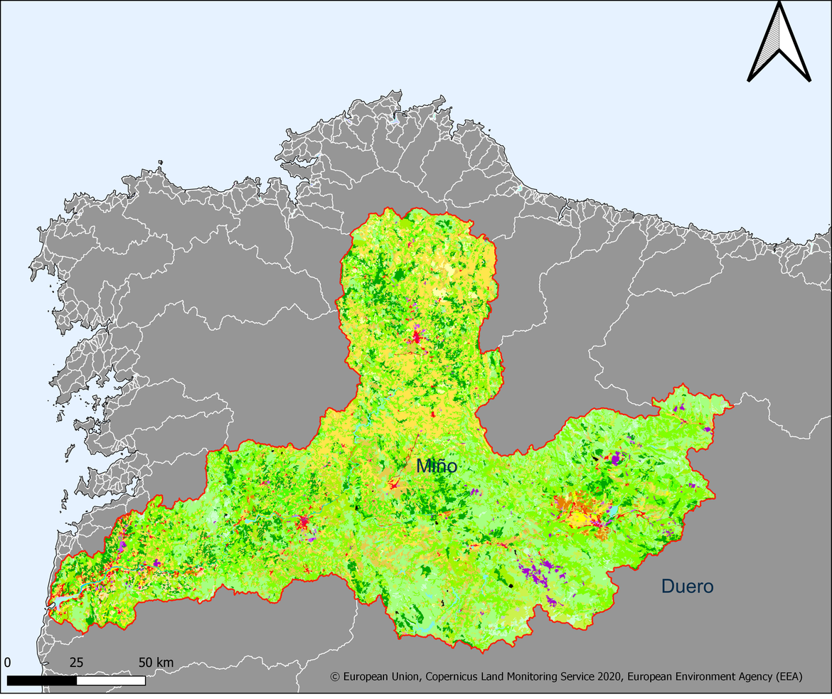 Figure 5.5.1: Map showing the extent and land use in the Miño river basin