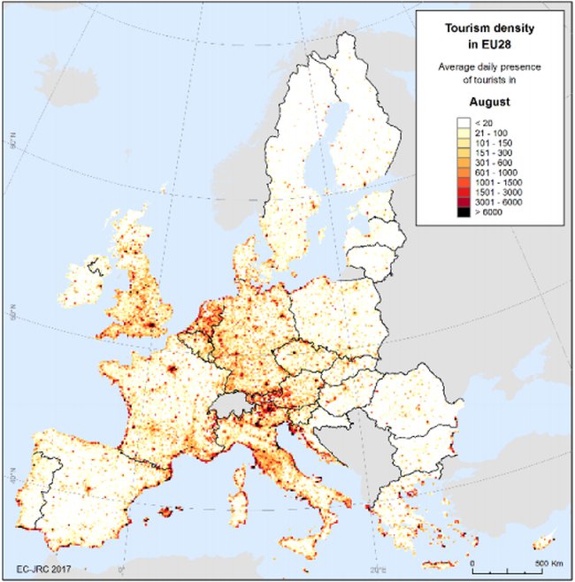 Figure 19: Tourist density in EU-28 in August 2016; Source: Batista, et al. (2018)