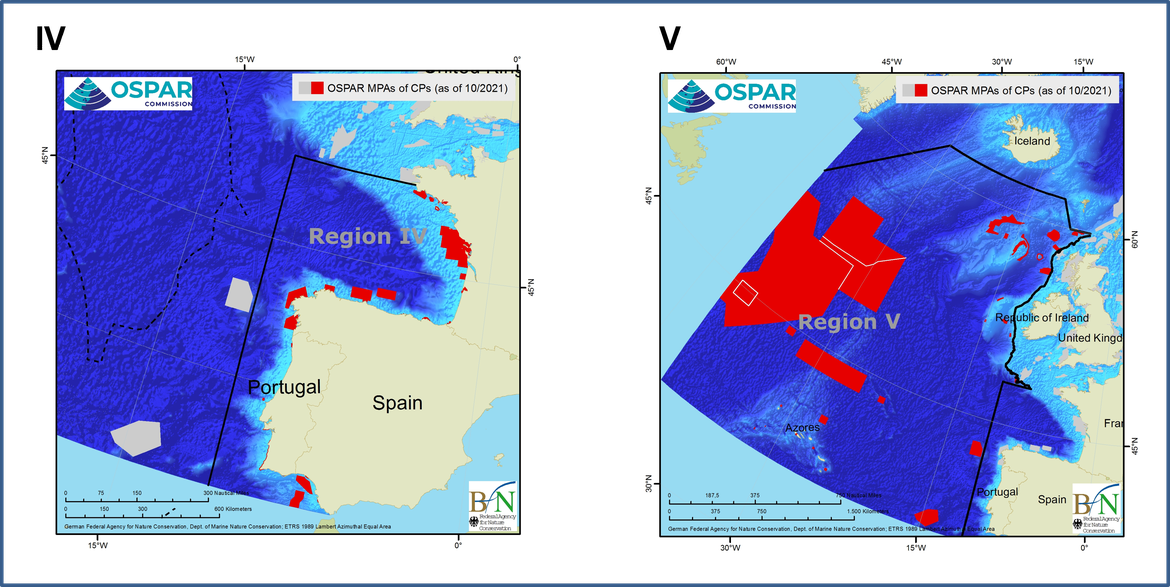 Figure 1.5b: OSPAR MPAs across OSPAR Regions (IV – Bay of Biscay and Iberian Coast; V – Wider Atlantic (as of 1 October 2021)).