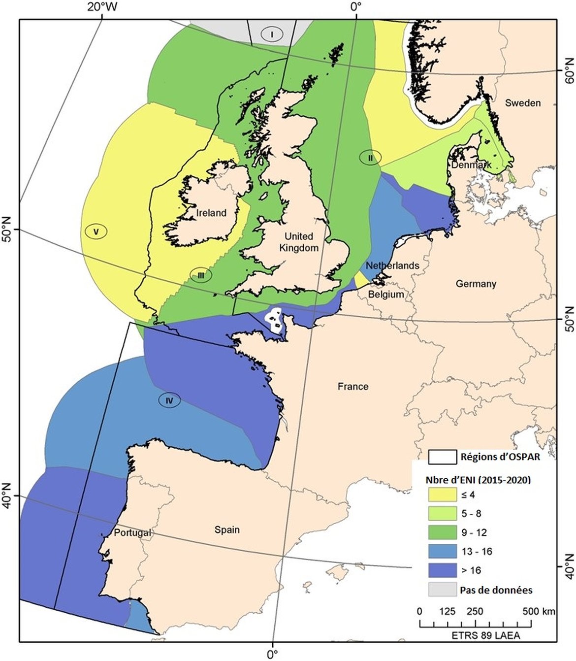 Figure 6 : Nombre de nouveaux enregistrements d'ENI pour la période d’évaluation (2015-2020) pour chaque Partie contractante et chacune des trois Régions d'OSPAR