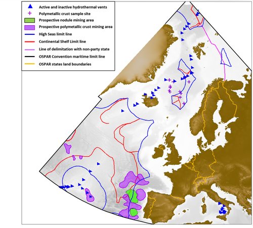 Figure 1: Compilation of confirmed and potential metallic deep sea mineral deposits within the OSPAR area (Compilation and layout: Norwegian Petroleum Directorate, Stavanger, Norway). Ocean areas are cut along the limits of the OSPAR Maritime Area (black lines). The limit of the High Seas (blue lines) is the boundary between the Area and the combined Exclusive Economic Zones (EEZs) of all coastal States within and adjacent to the OSPAR Maritime Area. The red lines indicate coastal States’ outer limits of the continental shelf beyond 200 nautical miles as submitted to, or recommended by the Commission on the Limits of the Continental Shelf (CLCS). Data credits; bathymetric data are SRTM15_PLUS extracted from NOAA (Backdrop bathymetry: https://www.ncei.noaa.gov/archive/accession/0150537 [viewed 16/02/2021]); resource data and information are extracted from the Royal Society (Resource information: https://royalsociety.org/topics-policy/projects/future-ocean-resources/ [viewed 16/02/2021]) and the Norwegian Petroleum Directorate (Resource information: Norwegian Petroleum Directorate, Stavanger, Norway).