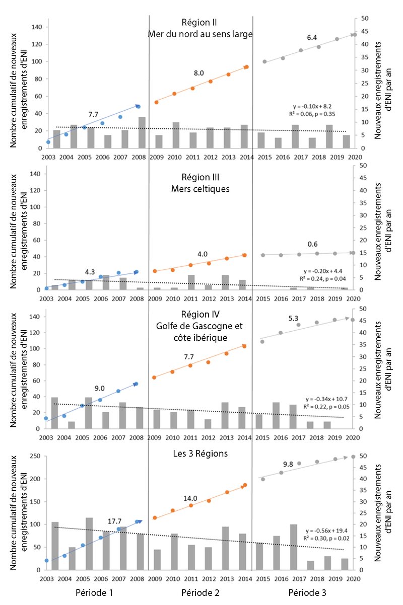 Figure a : Nouveaux enregistrements annuels d'ENI (barres) pour chaque Région d'OSPAR (II, III et IV et toutes les Régions), et tendances (courbes en couleur) des nouveaux enregistrements d'ENI cumulés. Les nombres au-dessus des courbes sont les pentes (nombre d'ENI par an = taux d’introduction) des courbes cumulées issues des modèles de régression linéaire. Les tendances globales des nouveaux enregistrements annuels d'ENI (ligne en pointillés) ont été évaluées à l’aide de modèles de régression linéaire, et la pente, le coefficient de détermination (R2) et le seuil de signification (p) sont indiqués
