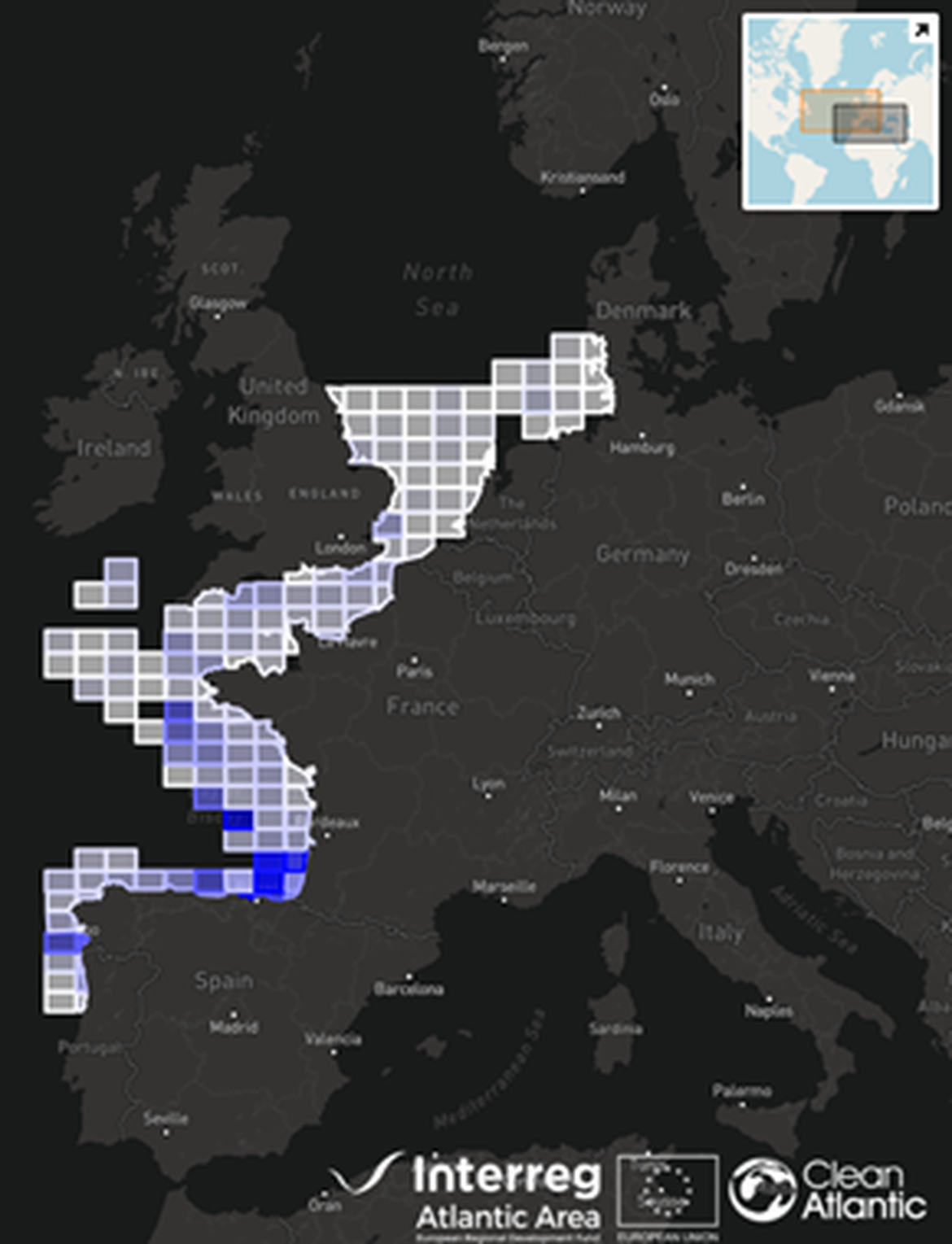 Figure P.11: Screenshot of the CleanAtlantic Marine Litter Viewer showing the time- and spatial- averaged density of floating macro litter (items > 2,5 cm).