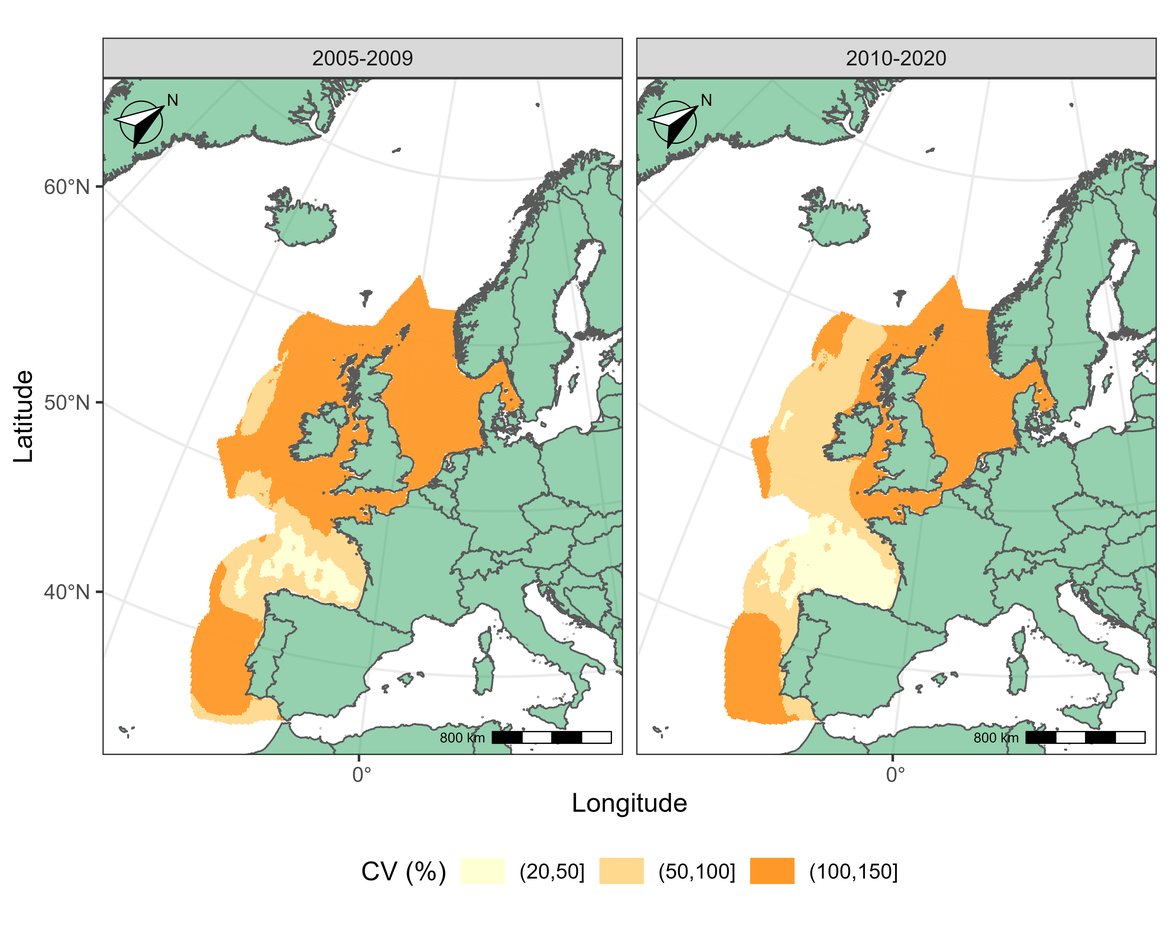Figure w: (B) Uncertainty map (coefficient of variation in %) of predicted distribution of fin whale in July between 2005 and 2020.