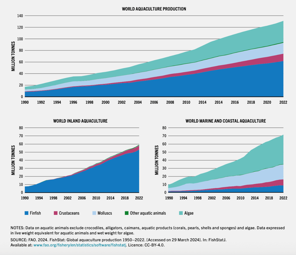 Figure 1: World aquaculture production from 1990 to 2022. Taken from FAO (2024)