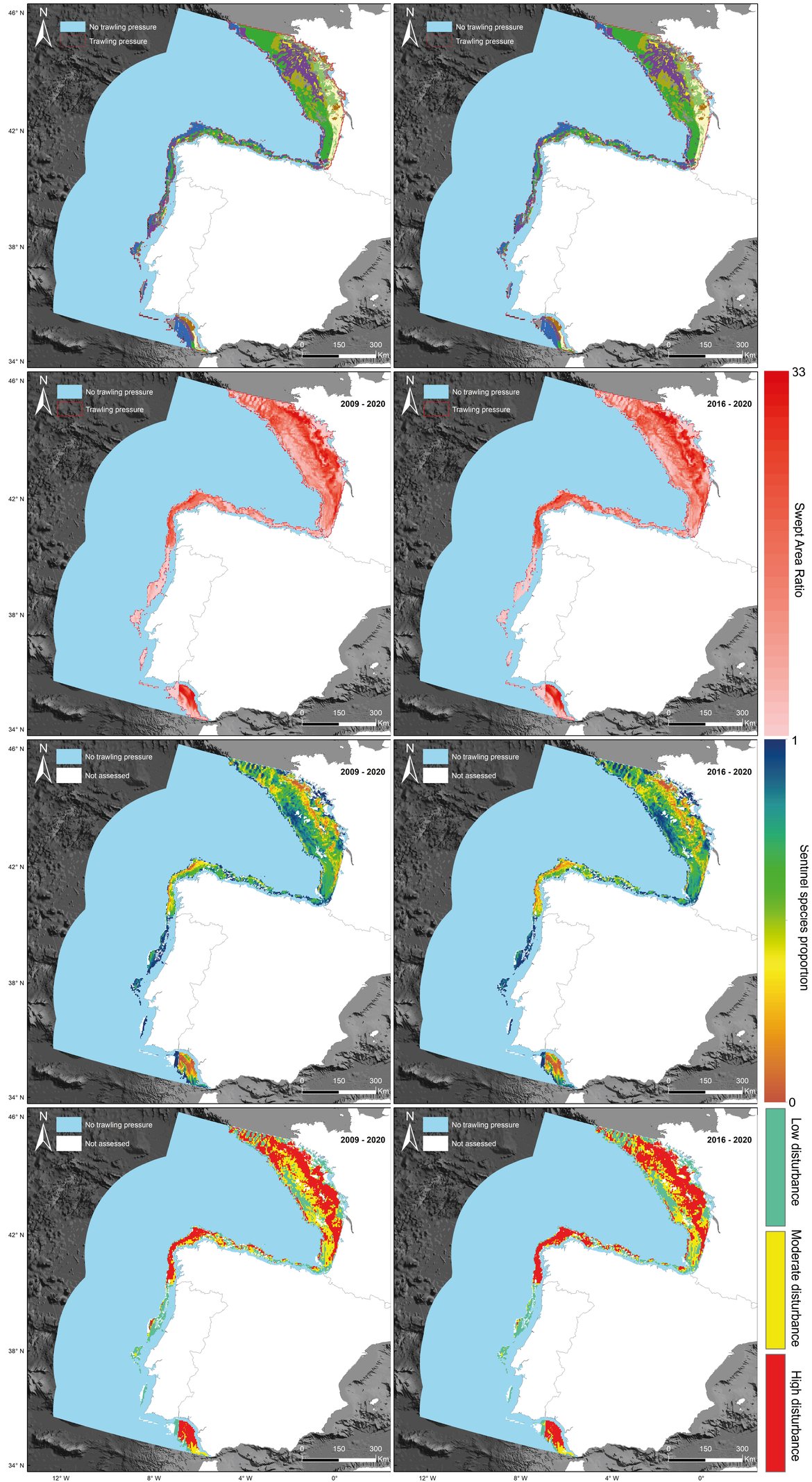 Figure ae: Common Indicator Assessment area. Summary figure of the BH1 QSR 2023 assessment. From top to bottom: MSFD habitats assessed; Mean swept area ratio (SAR); Predicted sentinel species proportion based on the pressure-states curves; Final assessment disturbance status. From left to right: From 2009 to 2020; from 2016 to 2020