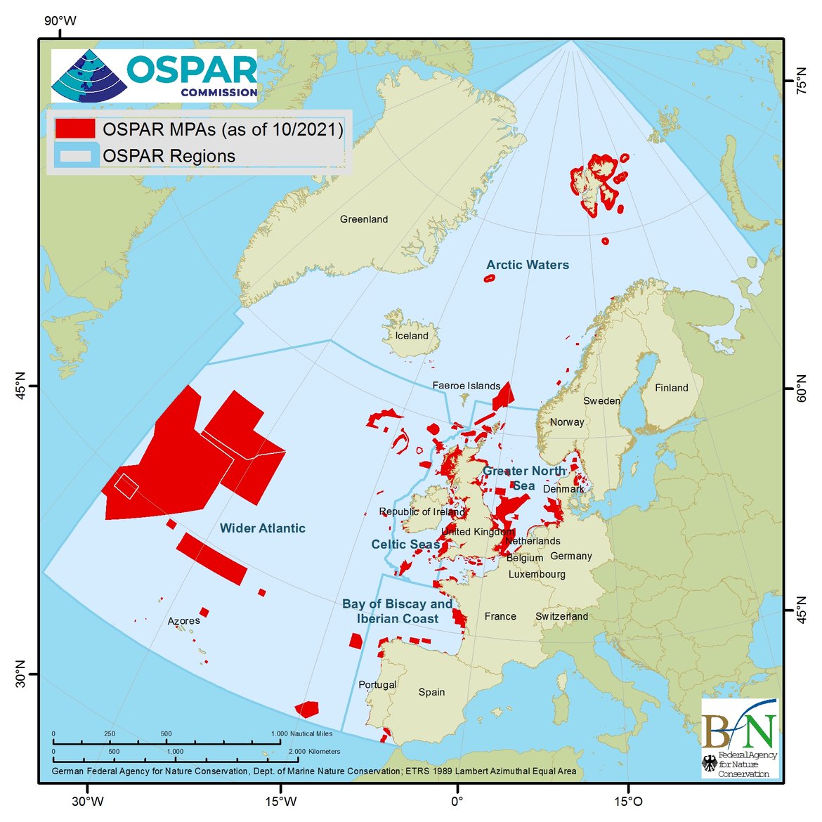 Figure 1.4: Distribution of OSPAR MPAs across OSPAR Regions (as of 1 October 2021).
