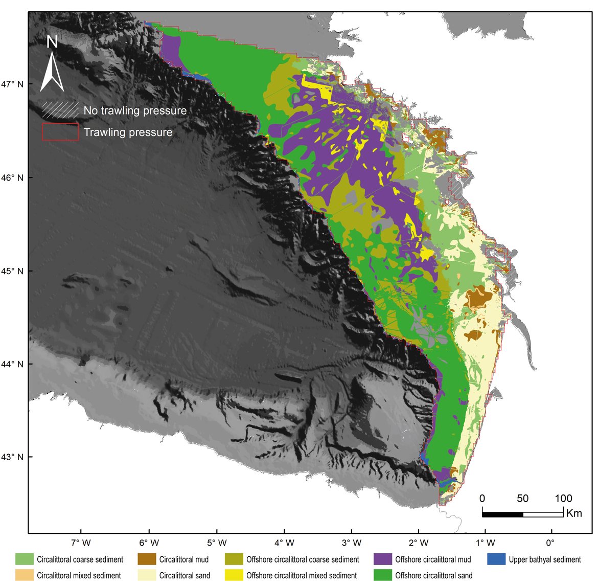 Figure e: The extent and distribution of the nine BBHTs assessed in the Gulf of Biscay assessment unit.  The grey-hatched area corresponds to areas where there was no trawling effort