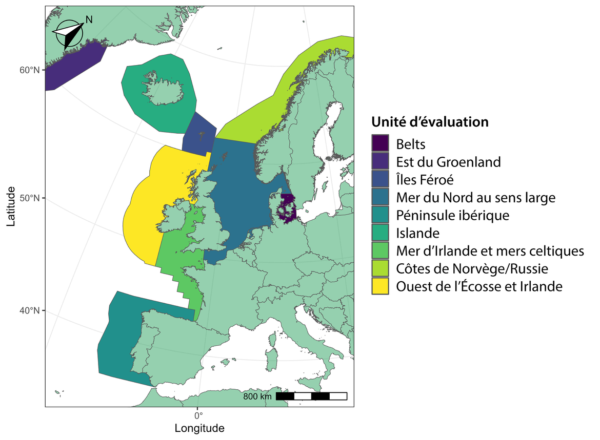 Figure c : Unités d’évaluation pour le marsouin commun. Adaptation de NAMMCO/IRM 2019. Seules les UE situées en partie ou entièrement dans la zone maritime d'OSPAR sont représentées.