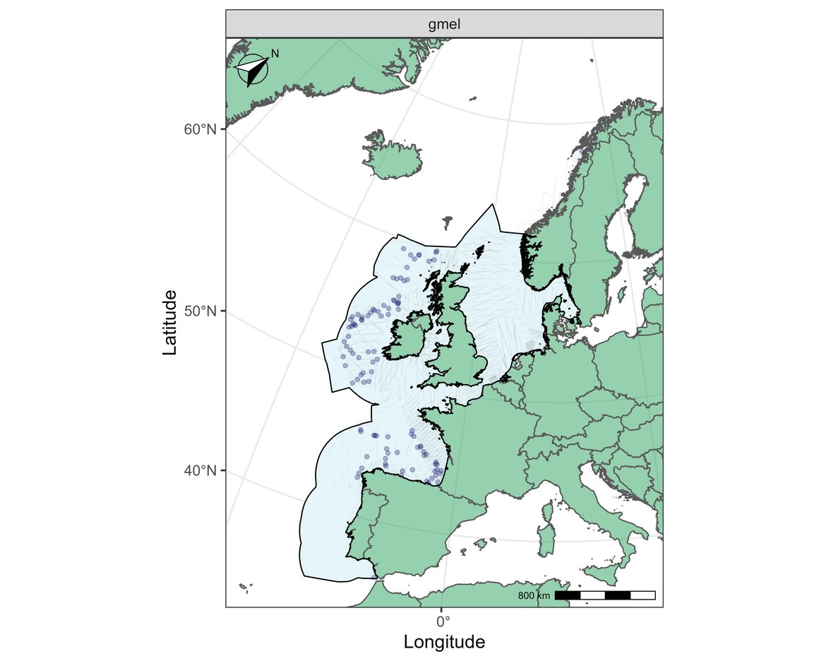 Figure y: Sightings of long-finned pilot whales in 2016.