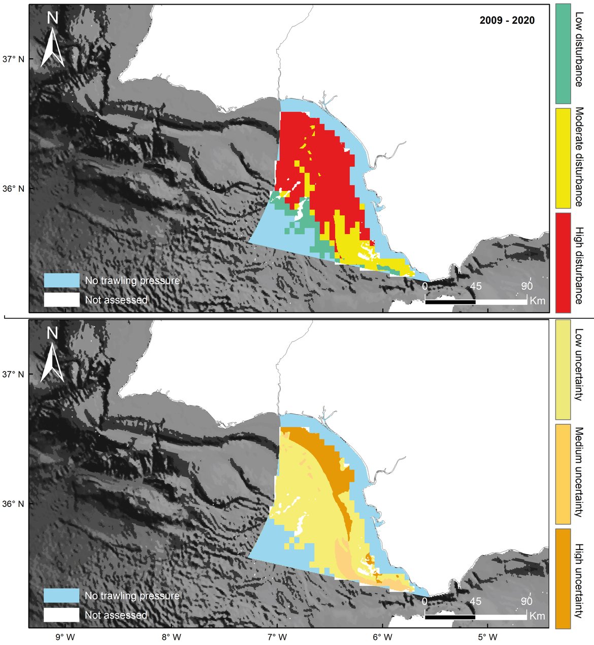 Figure ao: Gulf of Cadiz. Top: Final assessment status for the period from 2009 to 2020. Bottom: Uncertainty associated with the assessment of habitat status