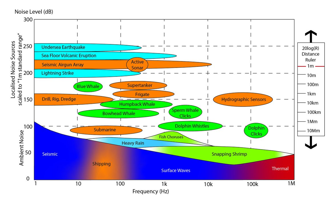 Figure 9: Levels and frequencies of anthropogenic and naturally occurring sound sources in the marine environment. Spectrum Noise Level ("Acoustic intensity per Hertz") versus Frequency (measured in Hertz or "cycles per second") (Source OSPAR, 2020)