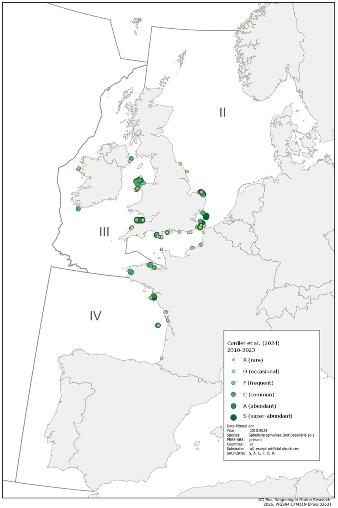 Figure 2: Reported distribution of Sabellaria spinulosa occurences on an adapted SACFOR scale for reefs (see 113573.pdf) filtered for the period 2010-2023 (Cordier et al. 2024). Figure 2: Reported distribution of Sabellaria spinulosa occurences on an adapted SACFOR scale for reefs (see 113573.pdf) filtered for the period 2010-2023 (Cordier et al. 2024).