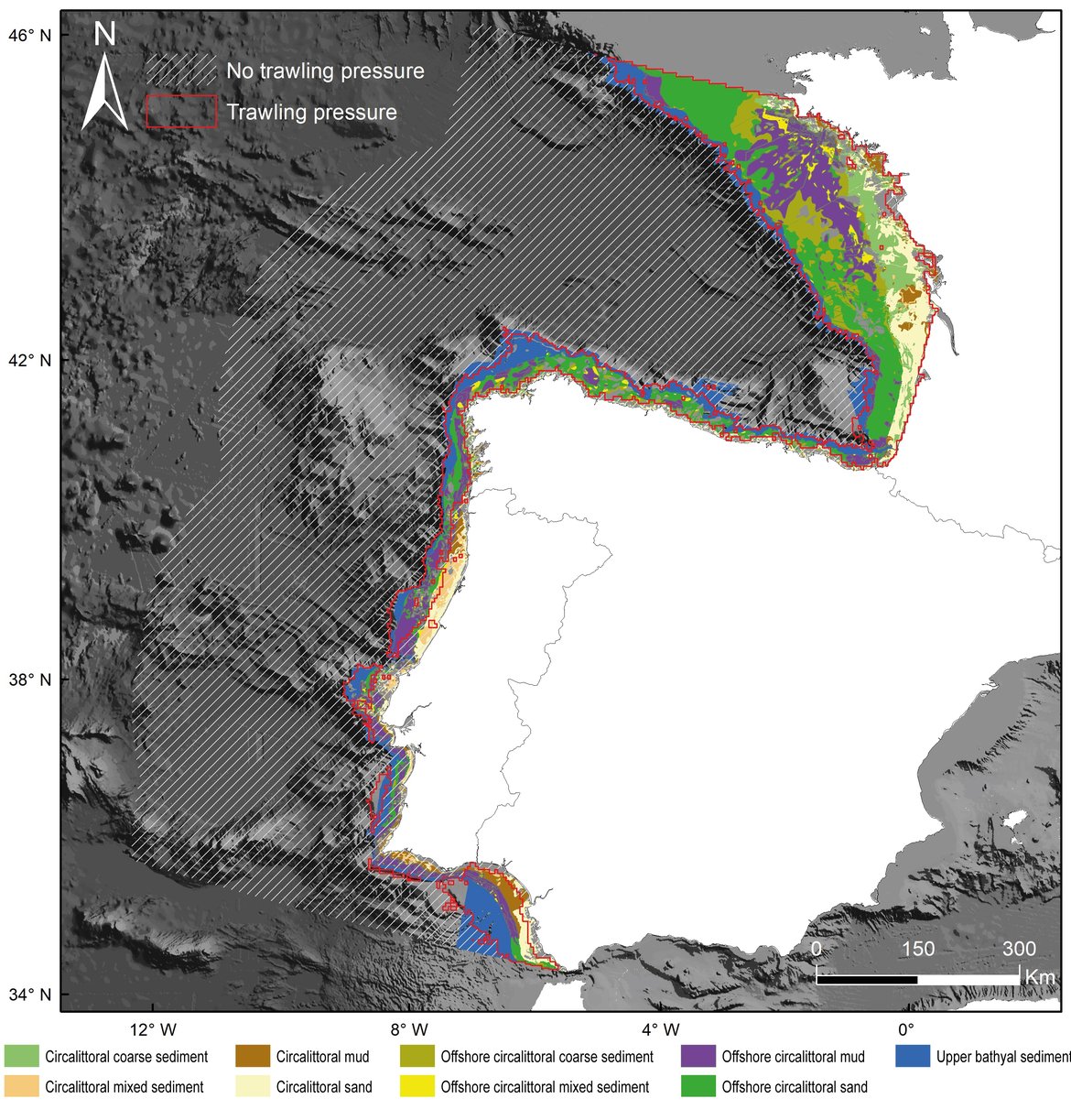 Figure d: Extent and distribution of the BBHTs assessed across the Common Indicator Assessment area. The grey-hatched area corresponds to areas where there was no trawling effort. The red highlighted area reflects where there was trawling effort (trawling footprint)