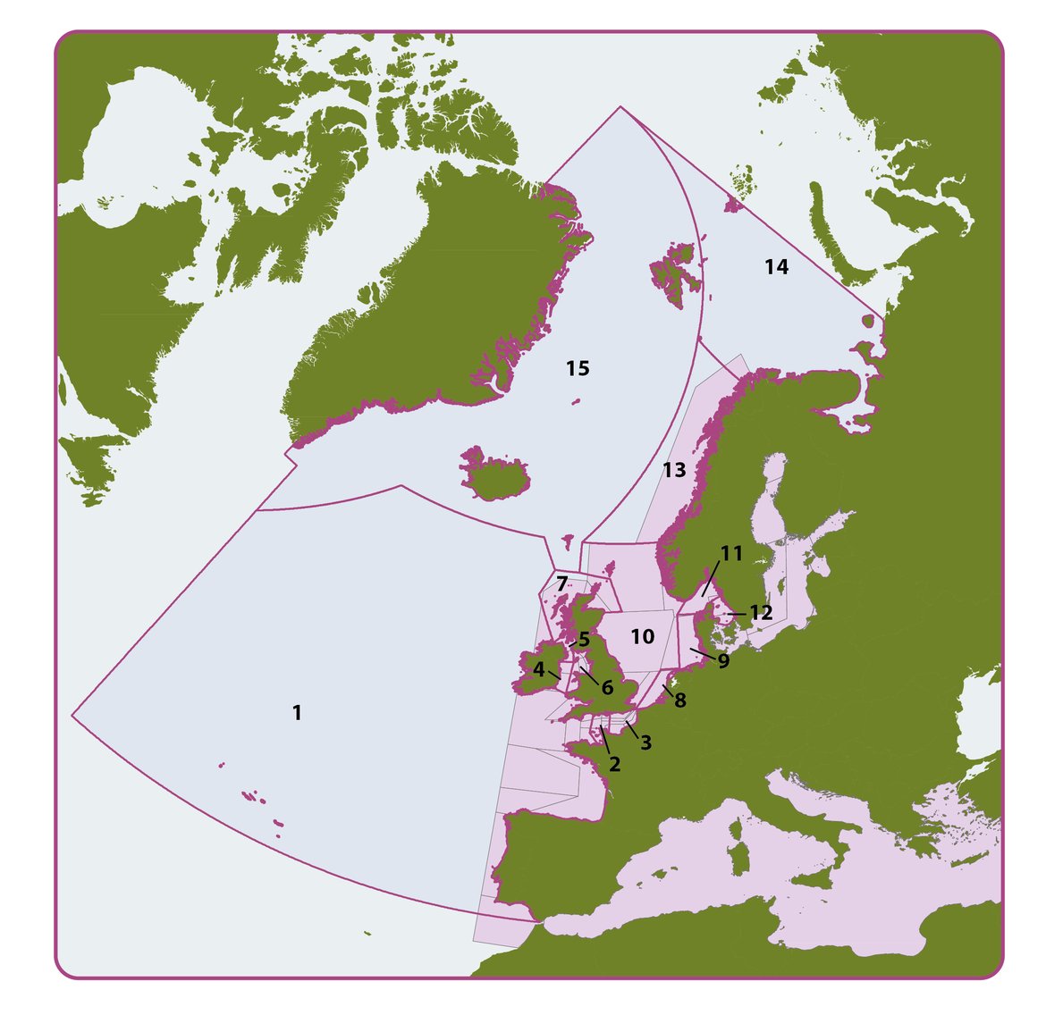 Figure 4.2: Spatial relationship between the DORIS compartments and the 15 OSPAR RSC sub-regions. The 15 OSPAR RSC sub regions are: 1. Wider Atlantic, 2. Cap de la Hague Channel, 3. Channel East, 4. Irish Sea (Rep. of Ireland), 5. Irish Sea (Northern Ireland), 6. Irish Sea, 7. Scottish waters, 8. North Sea South (Belgian and Dutch Coast), 9. German Bight, 10. North Sea (NW, SE, and Central), 11. North Sea (Skagerrak), 12. Kattegat, 13. Norwegian Coastal Current, 14. Barents Sea and 15. Norwegian, Greenland Seas and Icelandic Waters.