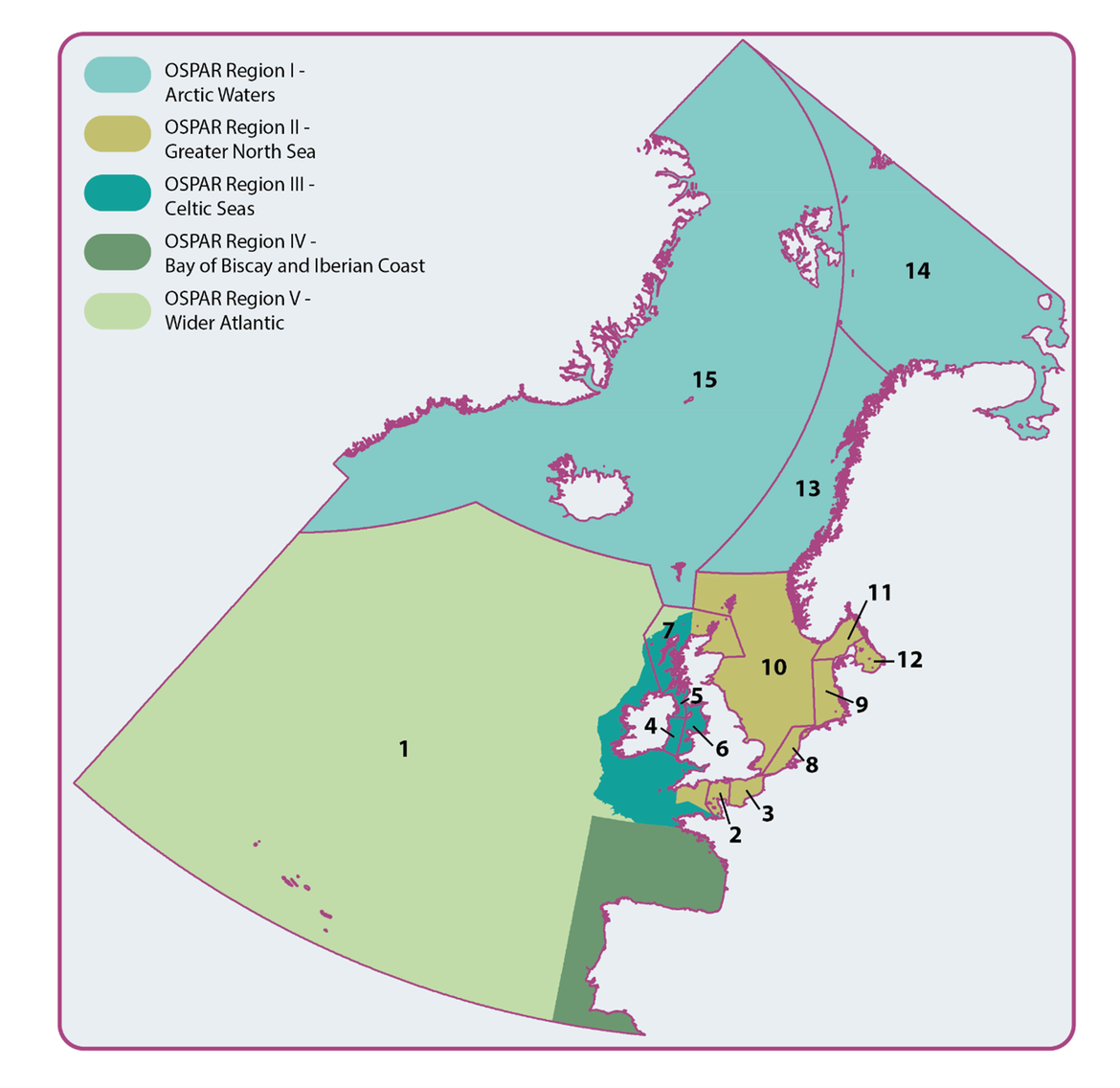 Figure S.1: Comparison of established OSPAR RSC sub-regions and the five main regions of the OSPAR maritime area. The 15 OSPAR RSC sub regions are: 1. Wider Atlantic, 2. Cap de la Hague Channel, 3. Channel East, 4. Irish Sea (Rep. of Ireland), 5. Irish Sea (Northern Ireland), 6. Irish Sea, 7. Scottish waters, 8. North Sea South (Belgian and Dutch Coast), 9. German Bight, 10. North Sea (NW, SE, and Central), 11. North Sea (Skagerrak), 12. Kattegat, 13. Norwegian Coastal Current, 14. Barents Sea and 15. Norwegian, Greenland Seas and Icelandic Waters.