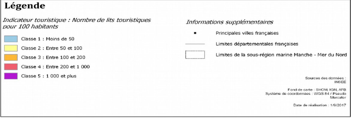 Figure 6: Rate of tourist function (number of tourist beds per 100 inhabitants) by coastal municipality in the coastal area (2013) (SOeS; Ministère de l'environnement, de l'énergie et de la mer, en cahrge des relations internationales sur le climat, 2017)