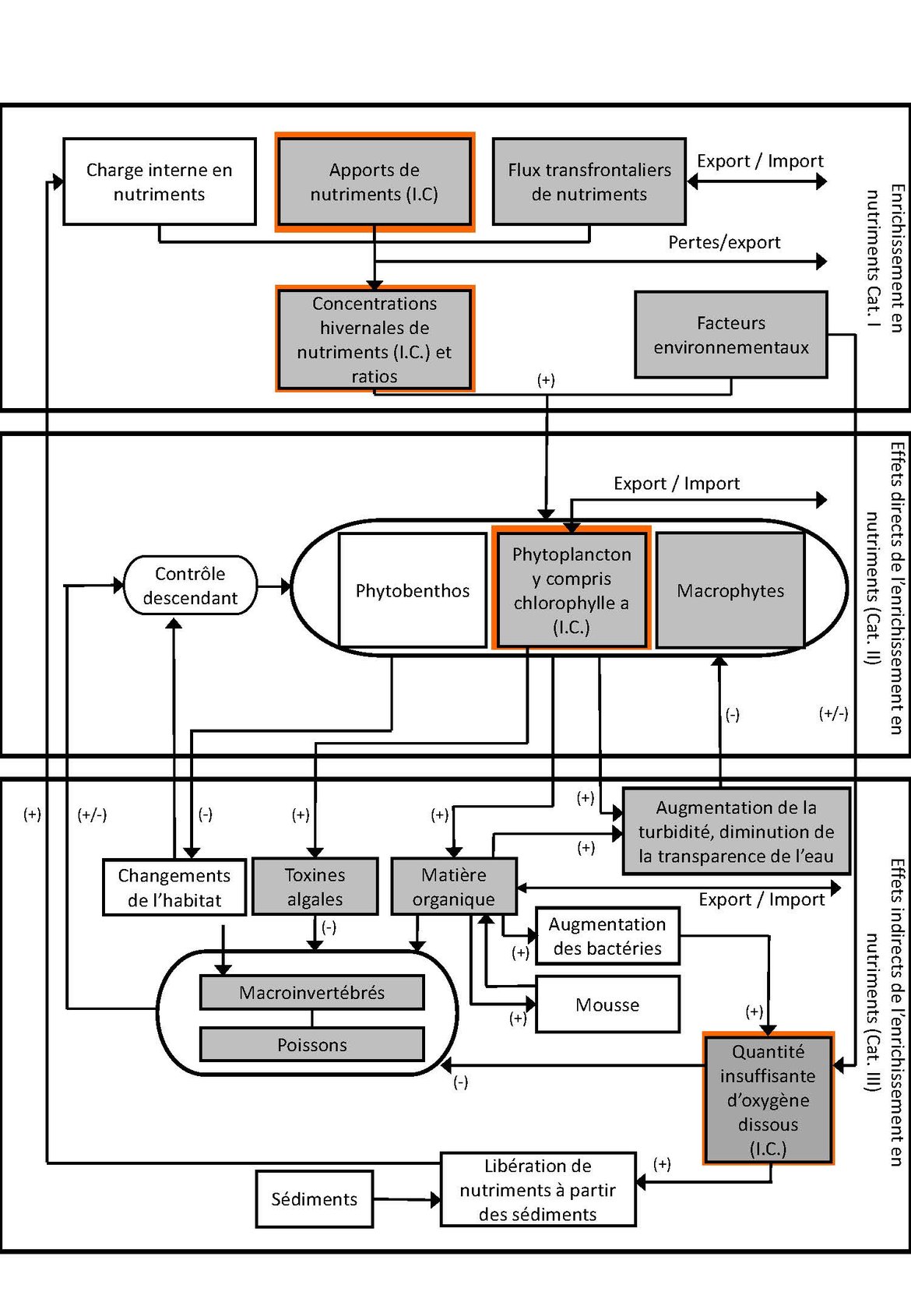 Figure a : Cadre conceptuel générique d'évaluation de l’eutrophisation dans toutes les catégories d’eaux de surface, illustrant les principaux liens de cause à effet (OSPAR, 2022).