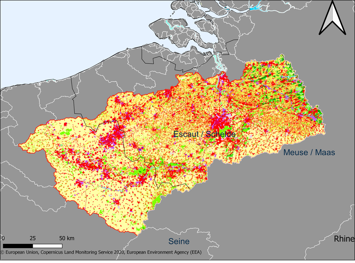 Figure 3.3.1: Map showing the extent and land use in the Scheldt river basin