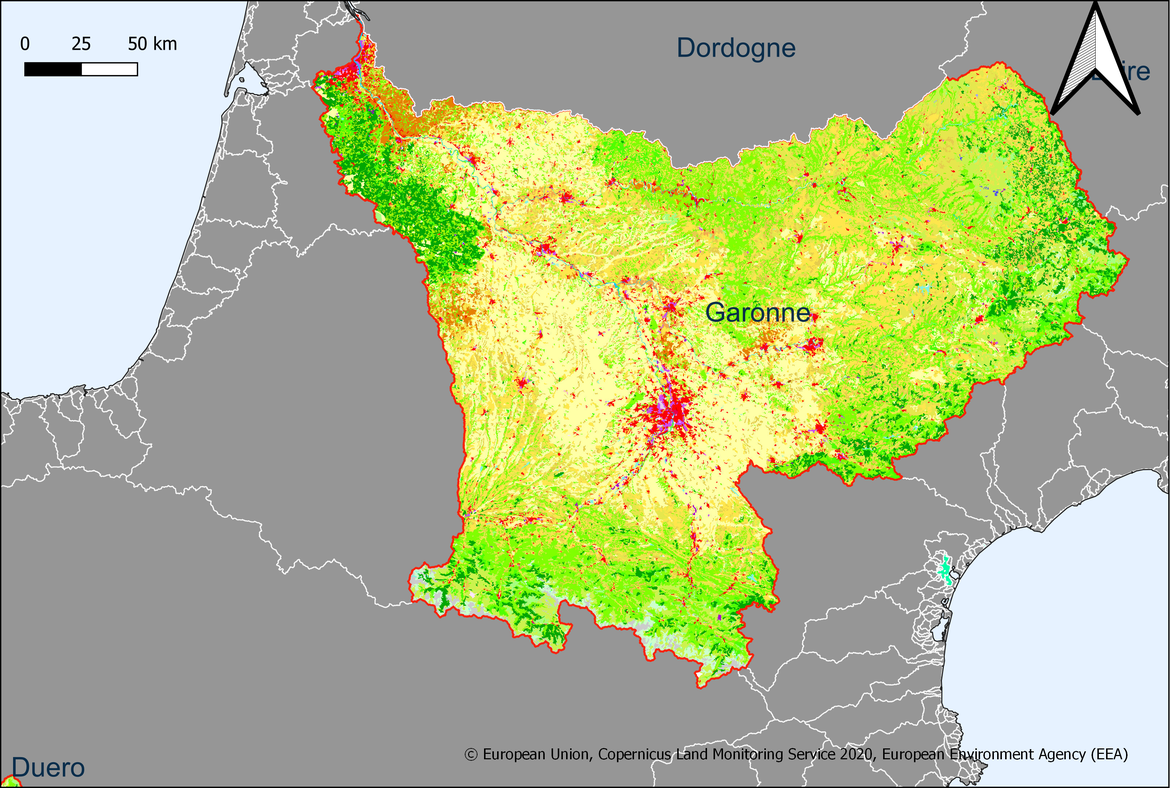 Figure 5.6.1: Map showing the extent and land use in the Garonne river basin