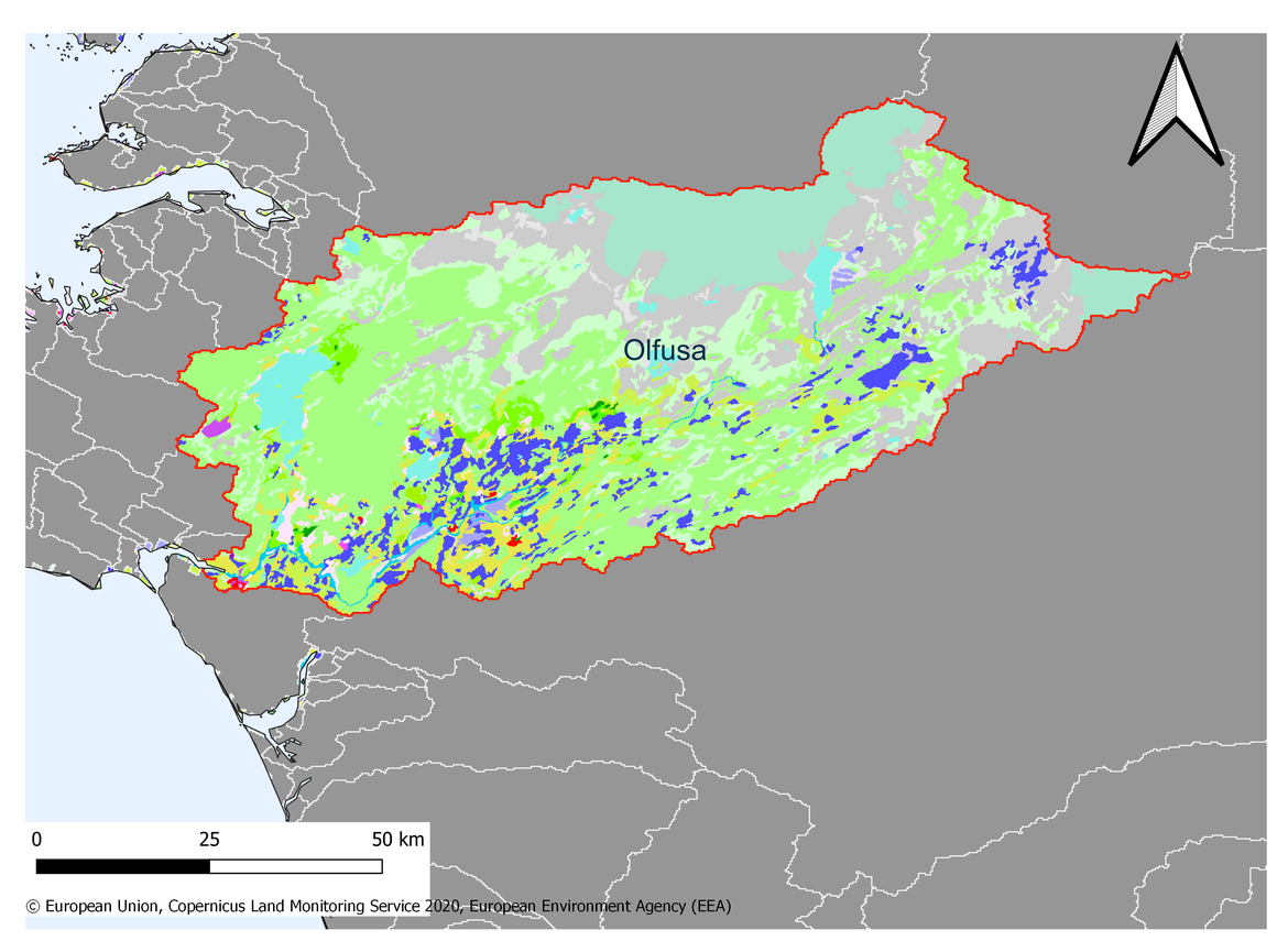 Figure 2.2.1: Map showing the extent and land use in the Ölfusá river basin