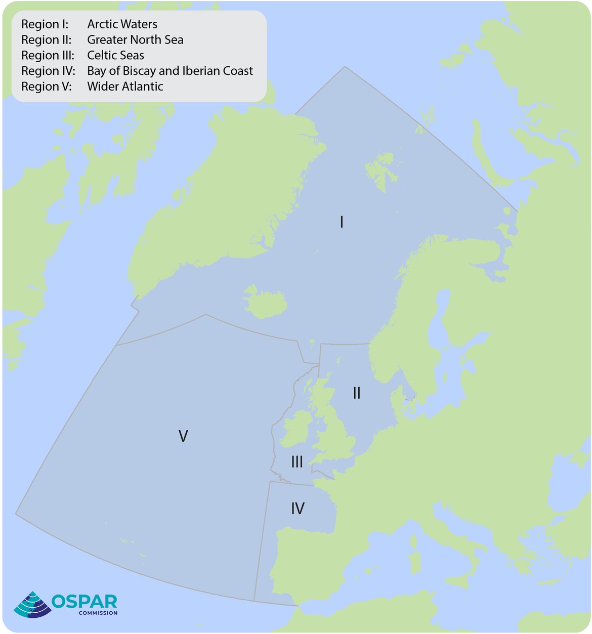Figure e: Map of OSPAR Regions. Greater North Sea (Region II), Celtic Seas (Region III) and Bay of Biscay and Iberian Coast (Region IV) were the three Regions used for the assessment.