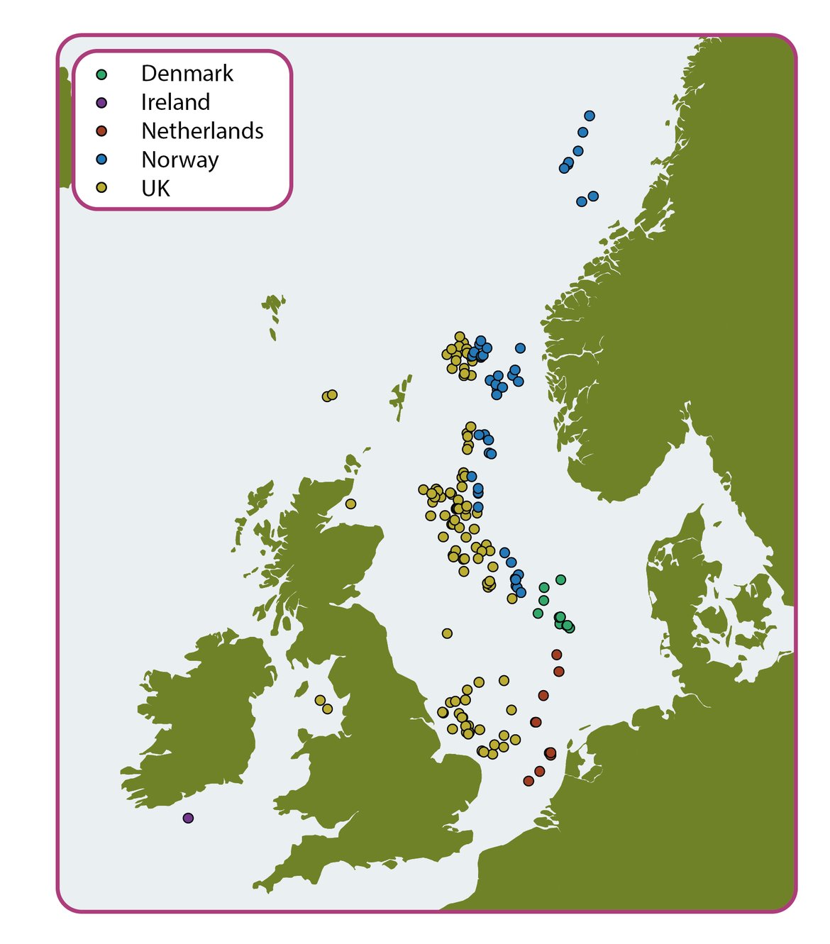 Figure 2.2: Location of installations under the oil and gas sub-sector for which discharges of produced water have been reported by Contracting Parties to OSPAR in the period 2005 to 2018.