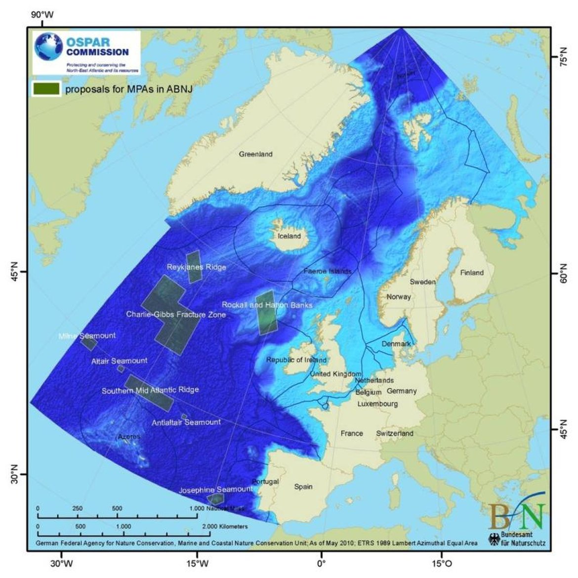 Figure 2: Marine areas proposed as OSPAR MPAs in ABNJ in 2008