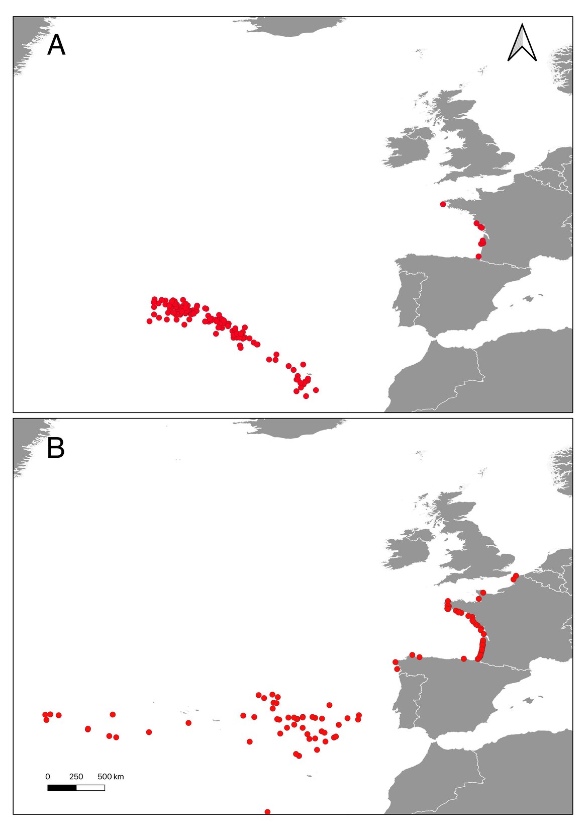 Figure 2: Distribution of (A) at-sea observations and (B) stranded/by-caught loggerhead turtle sightings recorded by Contracting Parties between 2014 and 2019.
