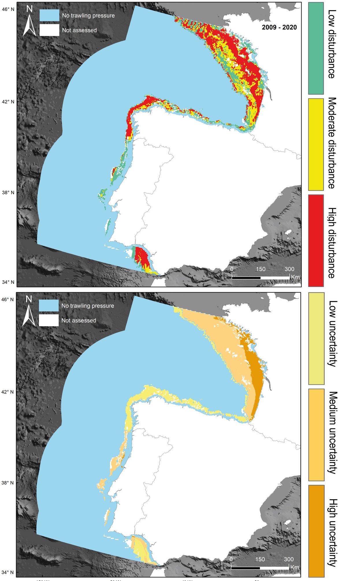 Figure ac: Common Indicator Assessment area. Top: Final assessment status for the period from 2009 to 2020. Bottom: Uncertainty associated with the assessment of habitat status