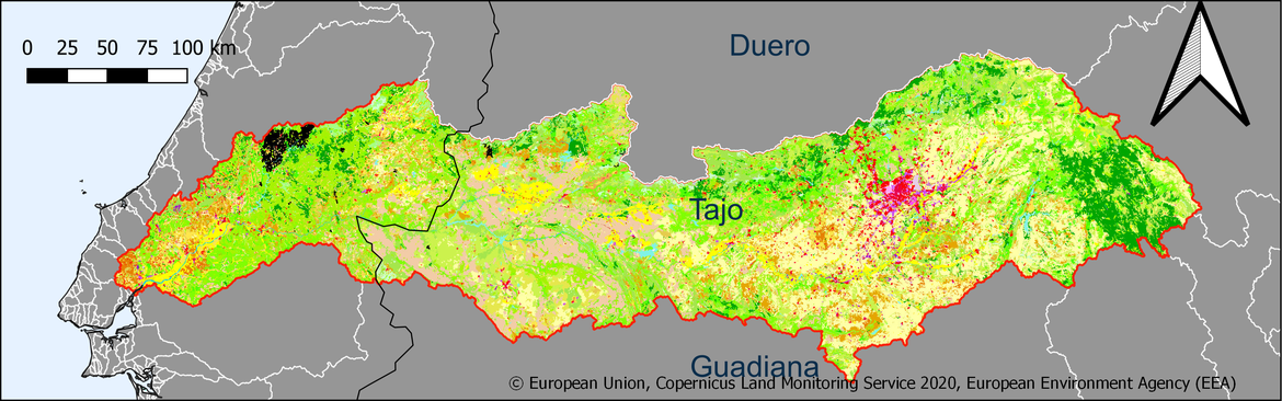 Figure 5.3.1 Map showing the extent and land use in the Tagus river basin