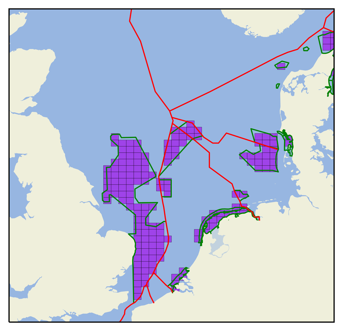 Figure 13 : AMP pour les marsouins communs (en vert) et les sous-rectangles statistiques correspondants du CIEM inclus dans l'analyse de l'exposition des AMP