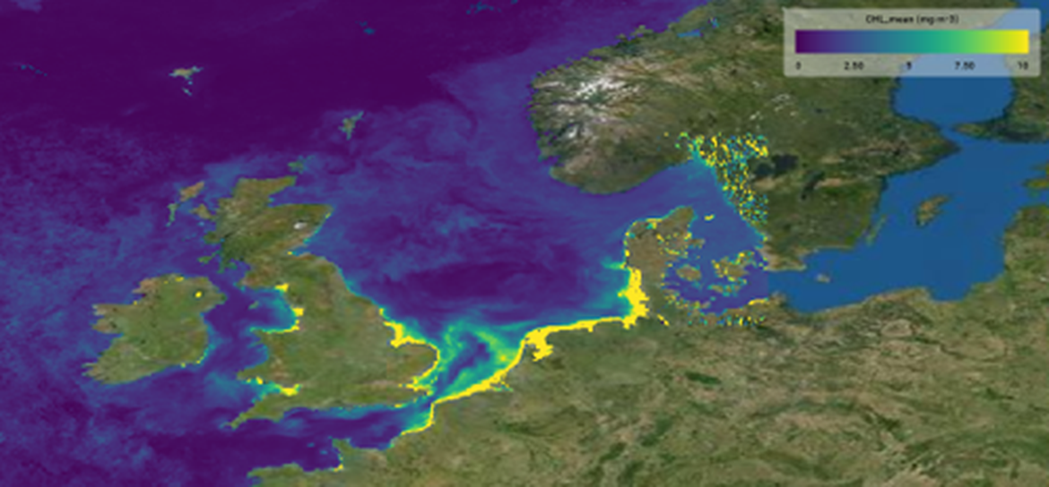 Figure 1 : Sur cette image satellitaire, on voit les teneurs en chlorophylle a (moyenne mensuelle) en avril 2020 durant l'efflorescence printanière du phytoplancton dans les Régions II et III d'OSPAR. Source : https://ospar-eodatabee-viewer.brockmann-consult.de/