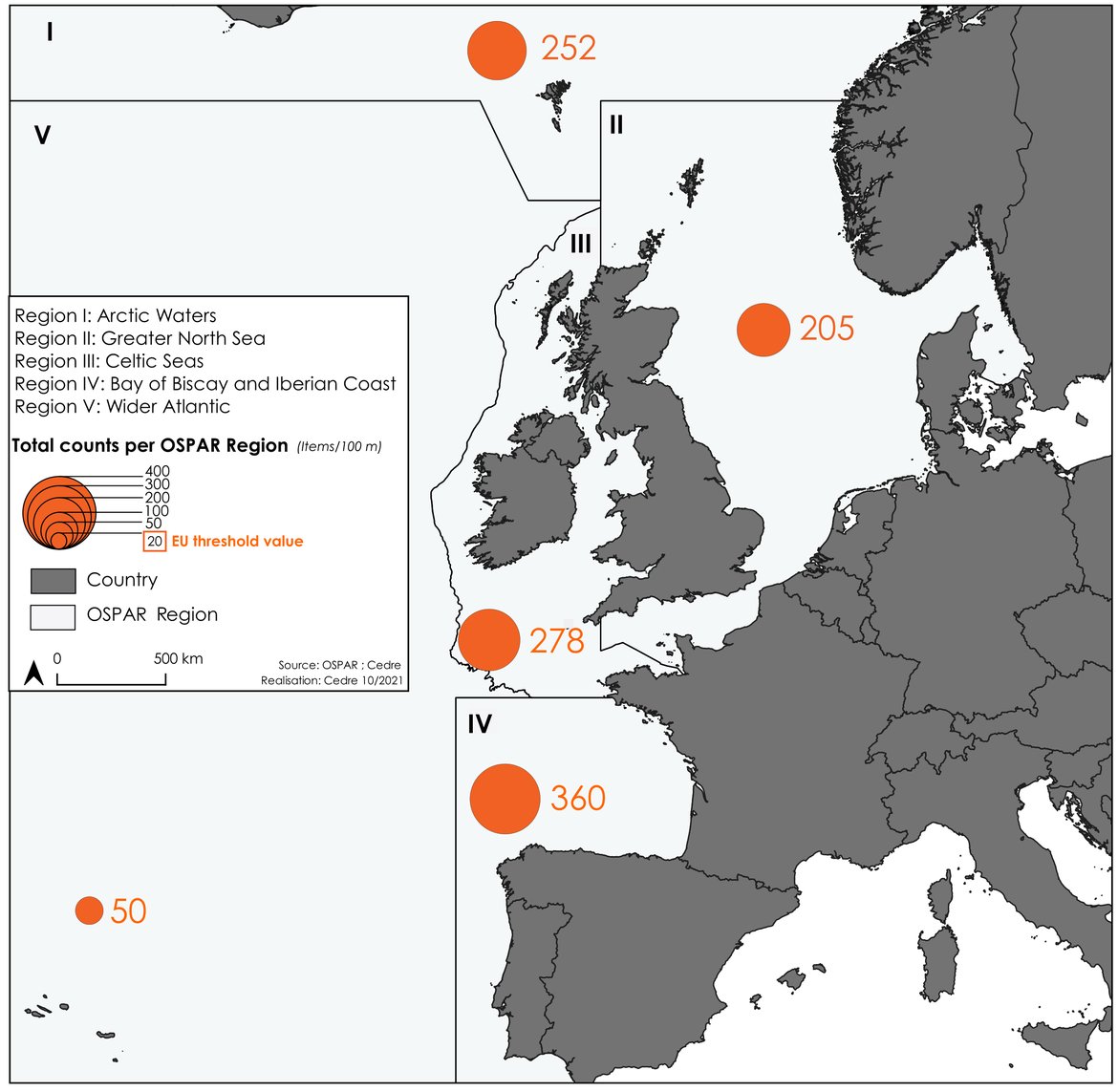 Figure 3.5: Median total counts in marine litter in the five OSPAR Regions over the three-year period from 2018 to 2020
