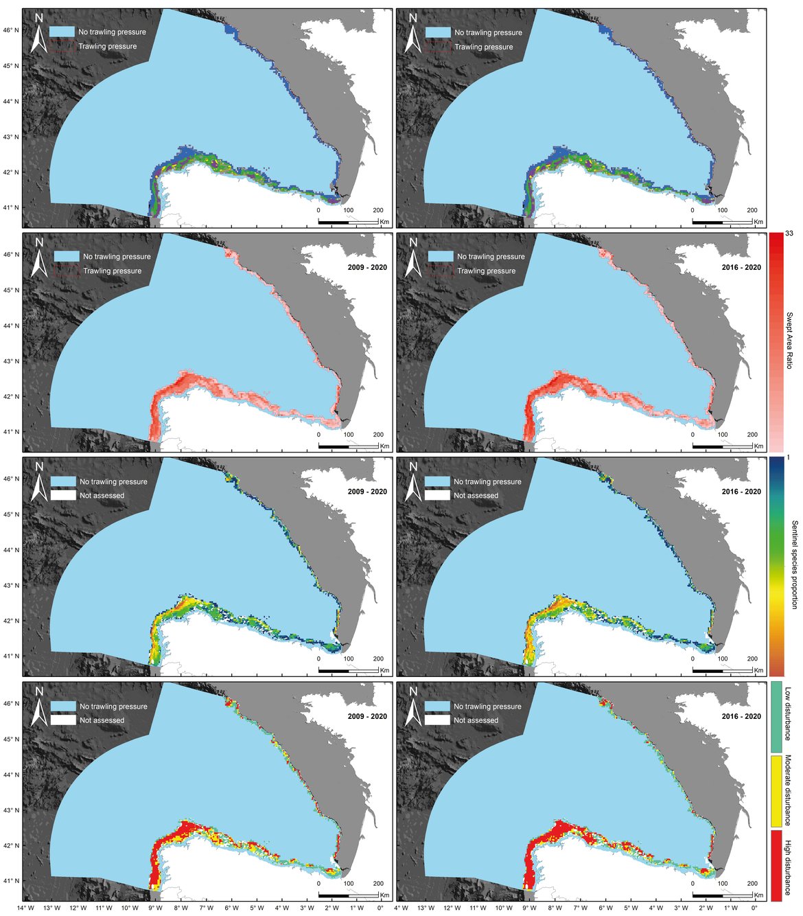 Figure ak: North Iberian Atlantic Summary figure of the BH1 QSR 2023 assessment. From top to bottom: MSFD habitats assessed; Mean swept area ratio (SAR); Predicted sentinel species proportion based on the pressure-states curves; Final assessment status. From left to right: From 2009 to 2020; from 2016 to 2020