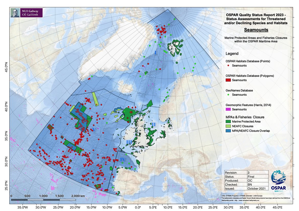 Figure 4: Distribution of seamount records with respect to MPA and Fisheries closures within the OSPAR Area.