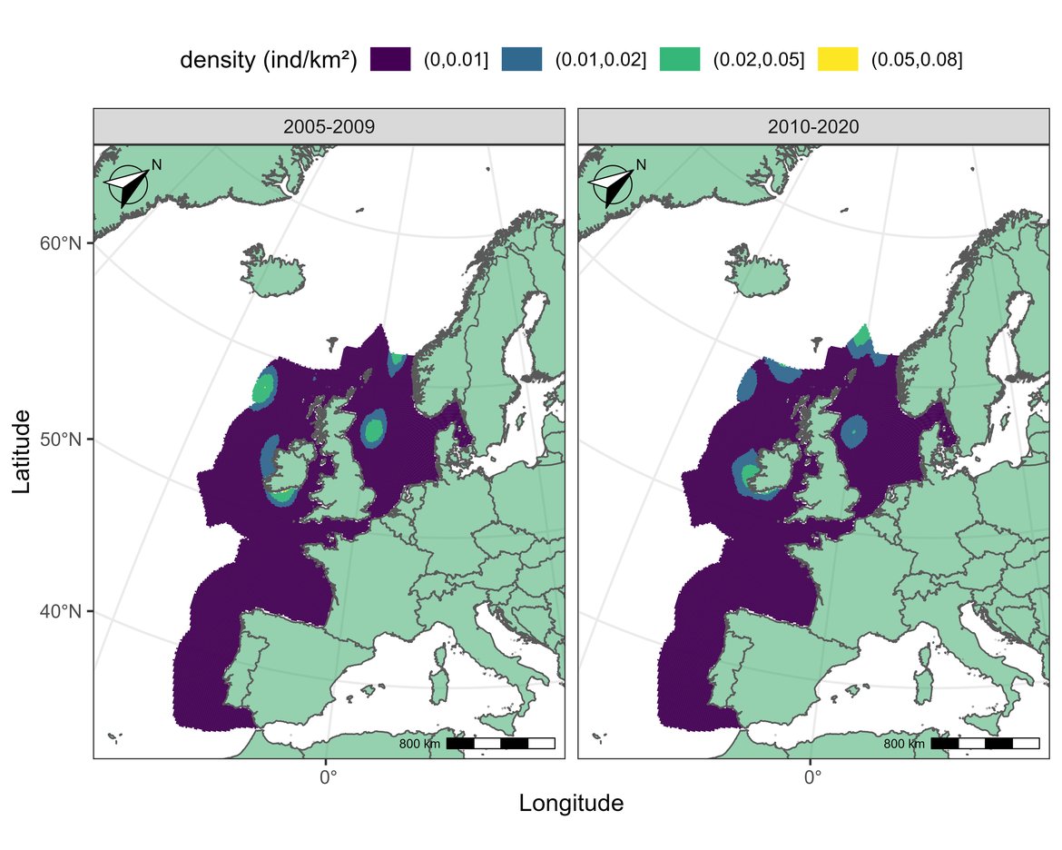 Figure v: (A) Average map of predicted distribution of minke whale in July between 2005 and 2020.