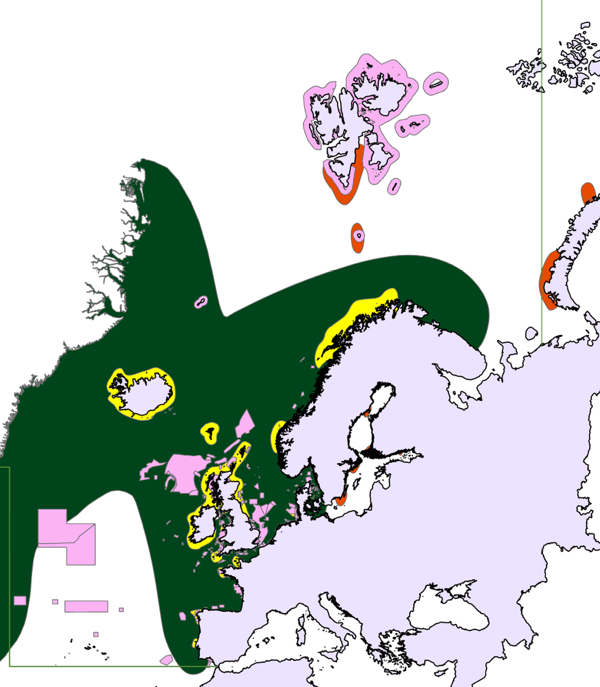 Figure 2.4: Distribution map of Uria aalge according to https://www.iucnredlist.org/species/22694841/ 132577296 displaying resident areas (yellow), breeding areas (red) and vagrant areas (green). All OSPAR MPAs are displayed in pink.