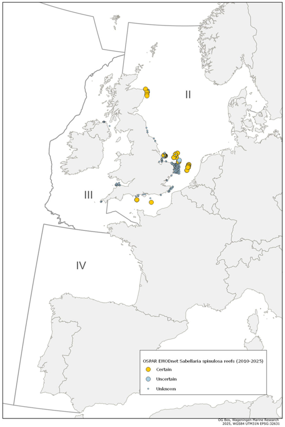 Figure 1: Reported distribution of Sabellaria spinulosa reefs reported after 2010 (OSPAR T&D 2025 database) Figure 1: Reported distribution of Sabellaria spinulosa reefs reported after 2010 (OSPAR T&D 2025 database)
