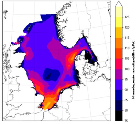 Figure 7.8 : Niveau médian de la pression acoustique totale, en 2019, mesuré dans la bande de 125 Hz