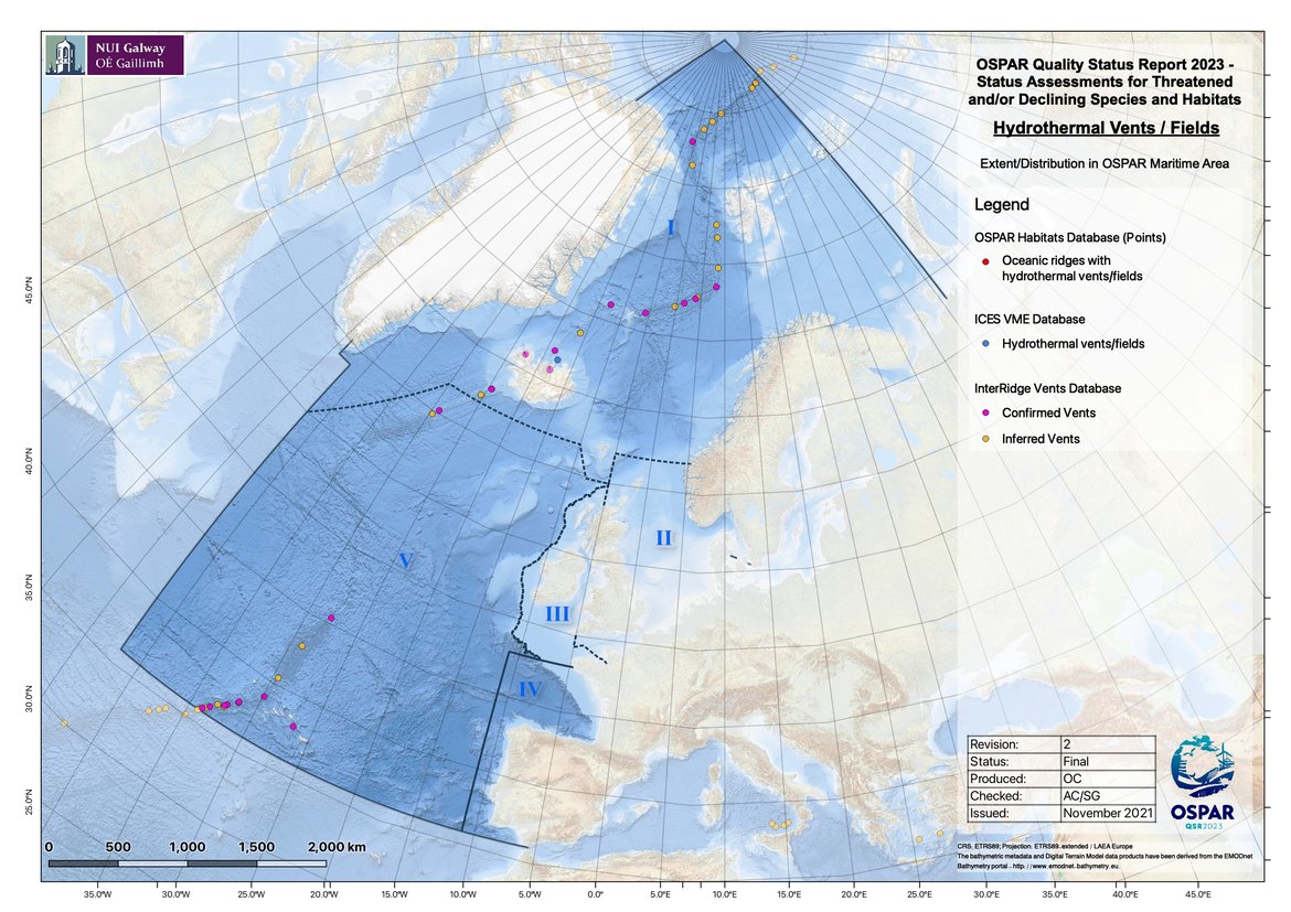 Figure 1: Distribution of known Oceanic ridges with hydrothermal vent fields in the OSPAR Maritime Area, and occurrence of inferred vent fields that might be indicative of hydrothermal vent presence