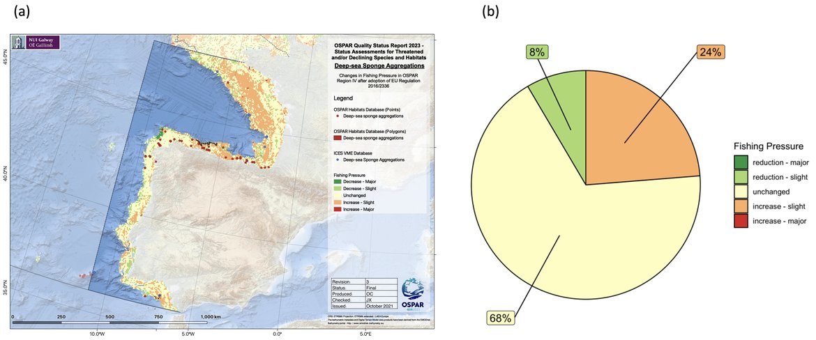 Figure 5: (a) Relative change in fishing pressure in OSPAR Region IV after introduction of EU regulation 2016/2336 and (b) change in fishing pressure in those cells known to contain records of deep-sea sponge aggregations. Based on data from the Global Fishing Watch aggregated to a resolution of 25km2