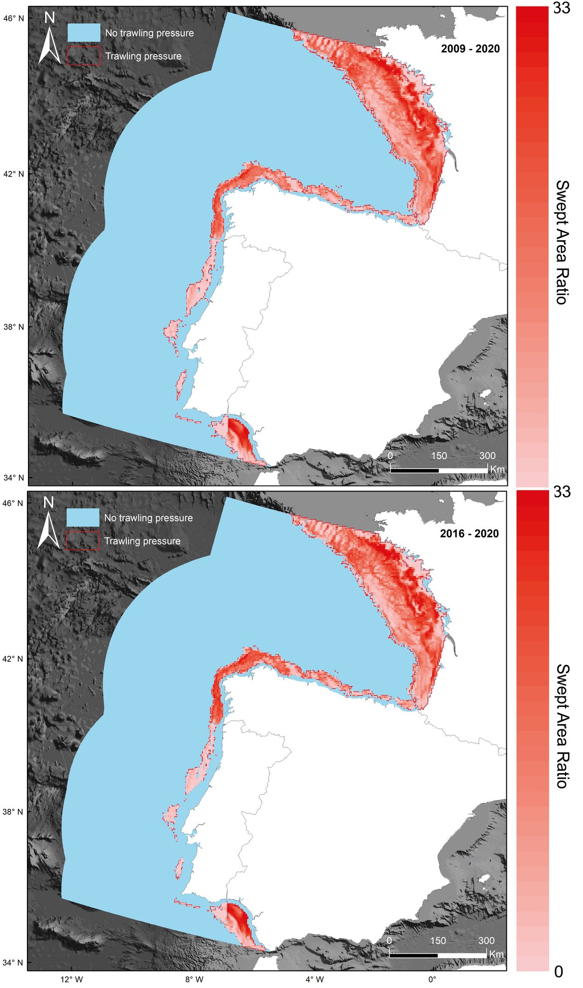 Figure i: Overall Common Indicator Assessment Area. Mean swept area ratio (SAR) from 2009-2020 (top) and from 2016 to 2020 (bottom)