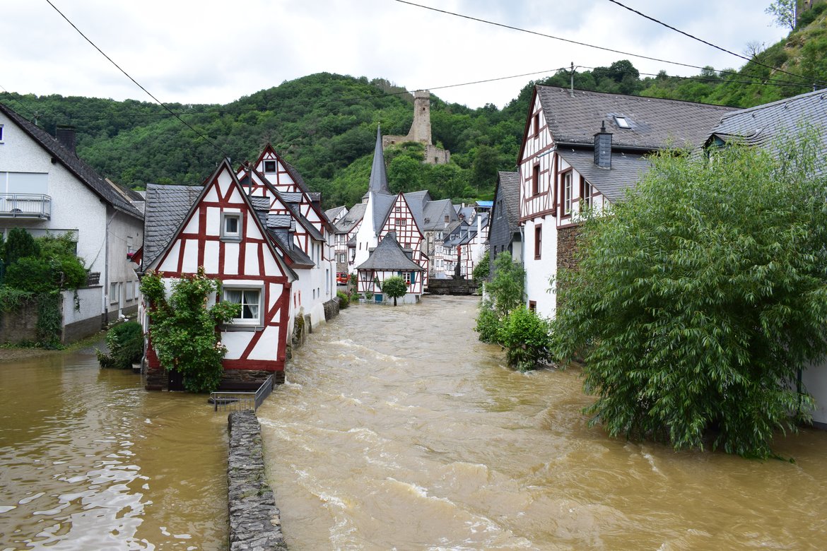 Changes in the physical and chemical conditions of the marine environment are affecting marine habitats and ecosystems across the OSPAR Maritime Area, floods are felt at local scales pictured here in Germany. © Shutterstock