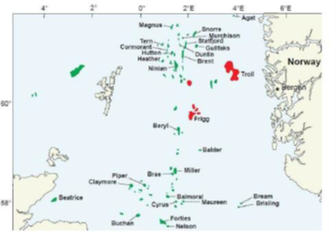 Figure 16: Statfjord oil field relative location in comparison with Norway and UK coastlines (Source: Pampanin et al., 2019)