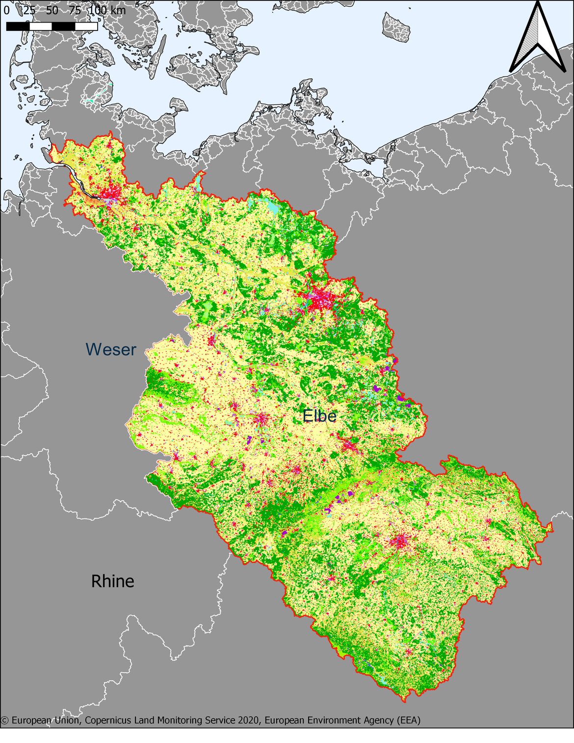 Figure 3.7.1: Map showing the extent and land use in the Elbe river basin
